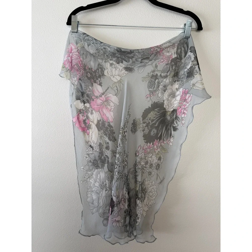 Floral Square Scarf Women OS Blue Pink Sheer Scalloped Lettuce Edge